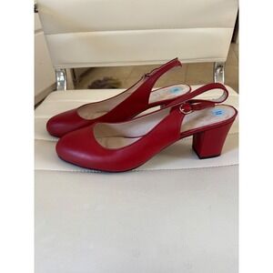 Shoes of Prey Red Leather Slingback Block Heels Almond Toe Pumps Size 42 US 11